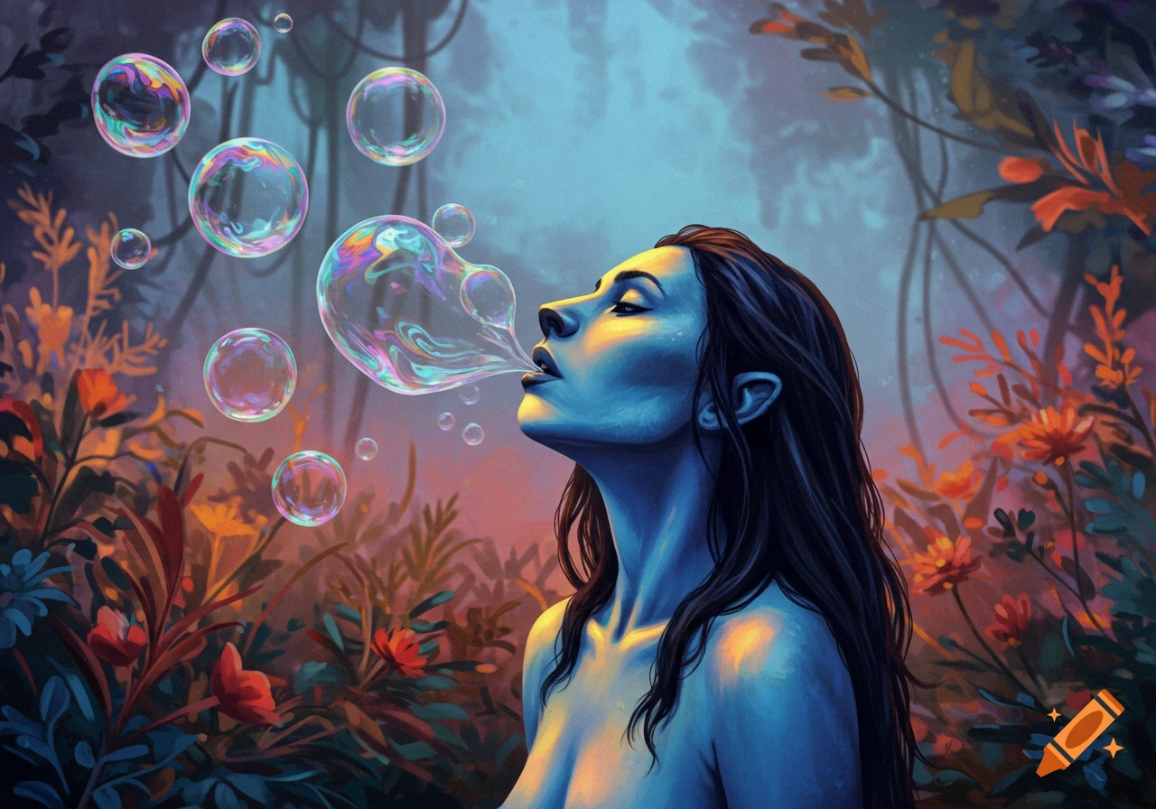 Blue-skinned woman with dark hair blowing iridescent soap bubbles in a lush, stylized forest, digital art.