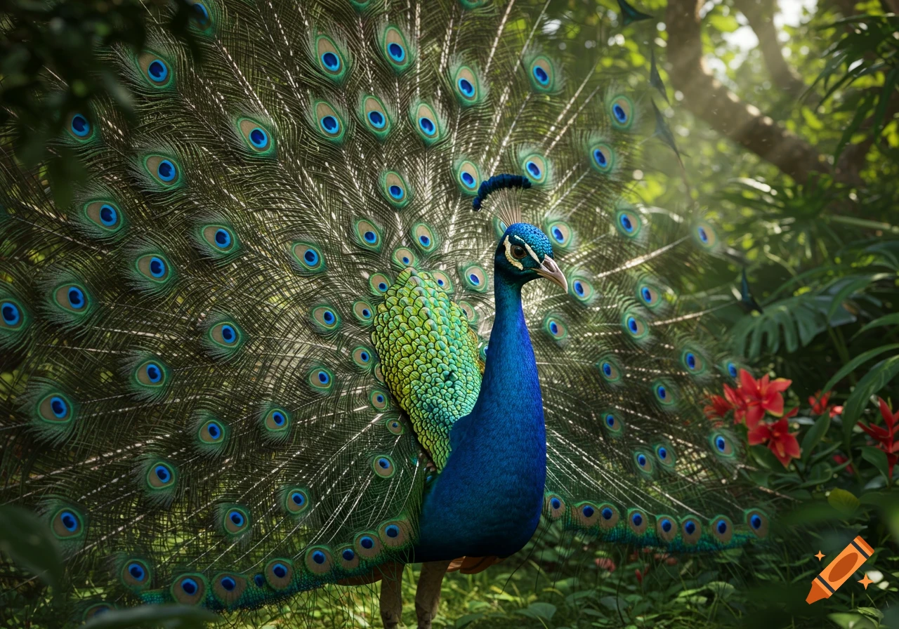A vibrant, photorealistic peacock displays its colorful tail feathers in a lush green jungle with red flowers.