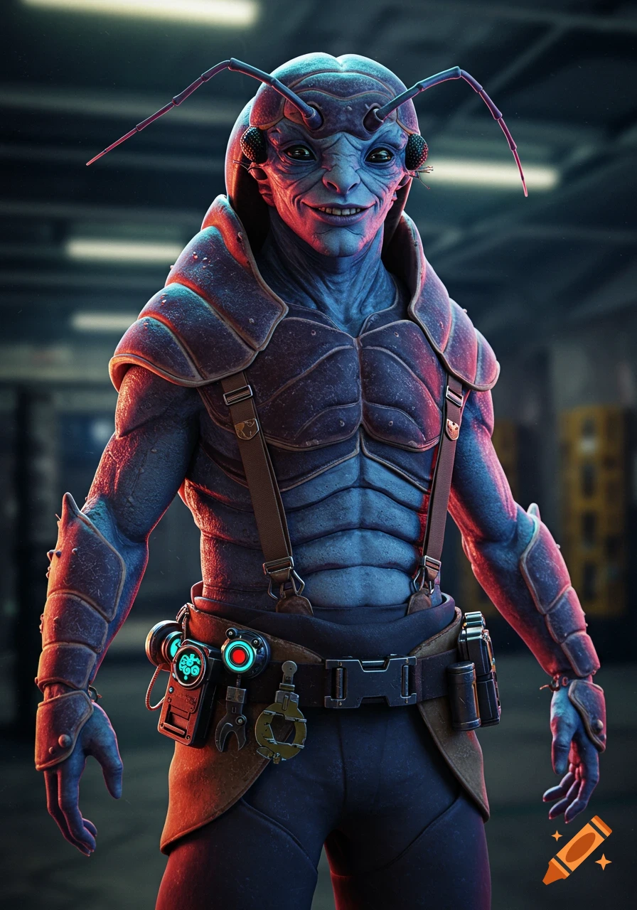 A stylized blue alien creature with ant-like features and segmented armor, wearing suspenders and a tool belt, in a sci-fi setting.