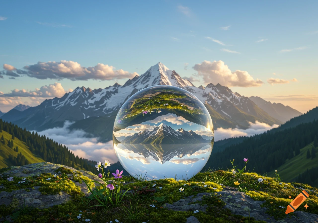 Photorealistic clear glass sphere on a mossy mountain ridge, reflecting an inverted mountainscape. Snow-capped mountains under a blue sky.