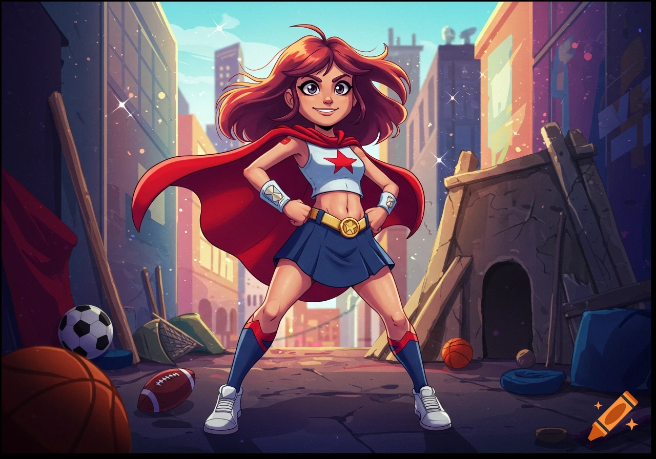 A confident cartoon superhero girl with red hair, red cape, and blue skirt stands in an urban alley, smiling with hands on hips.