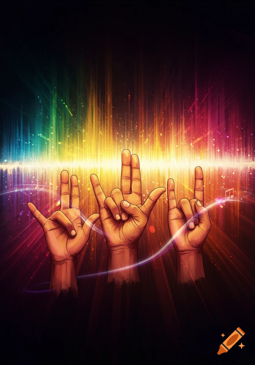 Three stylized hands making different gestural signs, including the "I love you" sign, against a vibrant, rainbow-colored musical equalizer background.