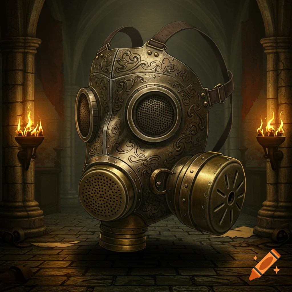An ornate steampunk brass gas mask with intricate designs, floating in a dark, torchlit dungeon room with stone pillars.