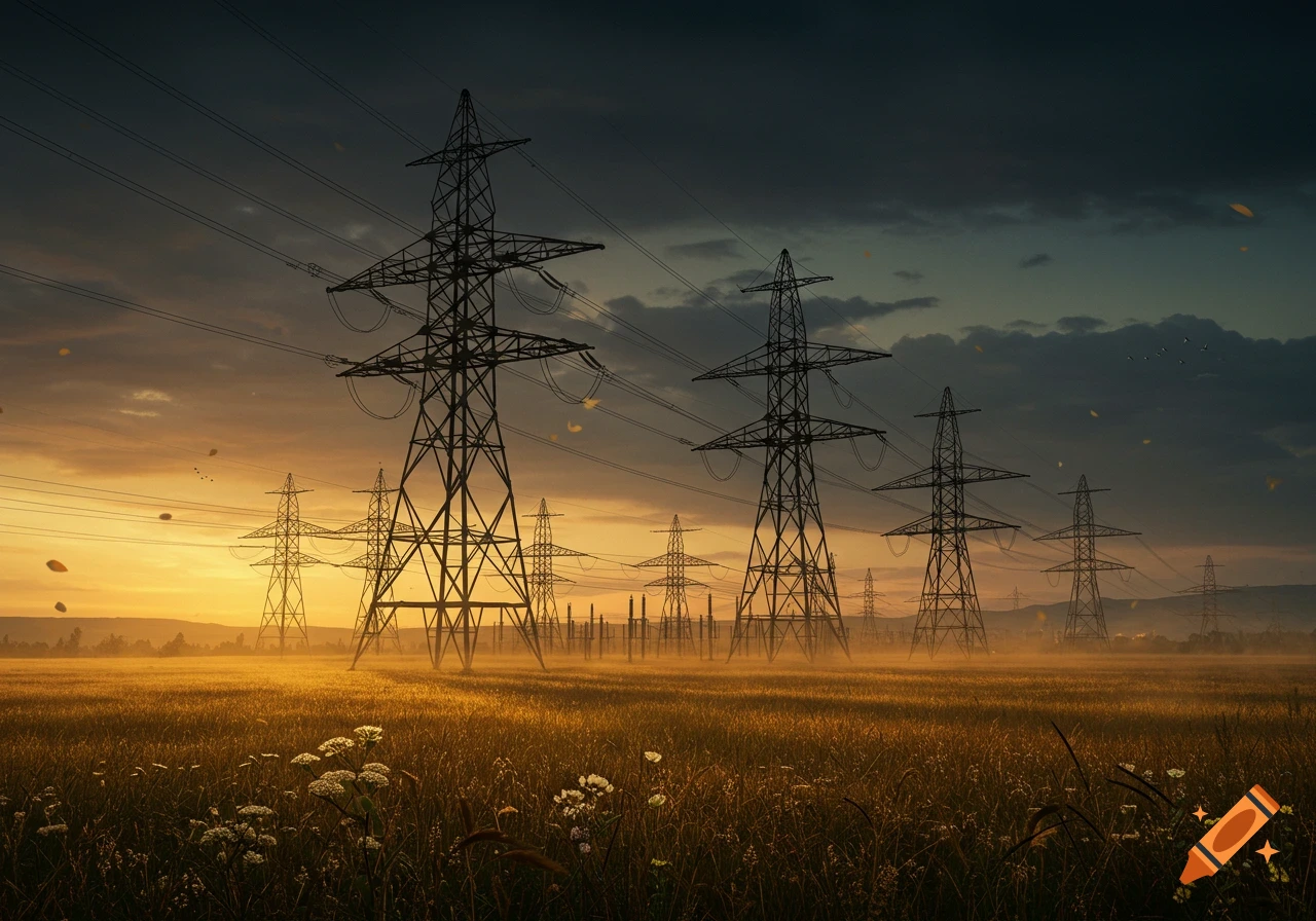 Photorealistic image of multiple power transmission towers silhouetted against a dramatic sunset sky over a misty golden field.