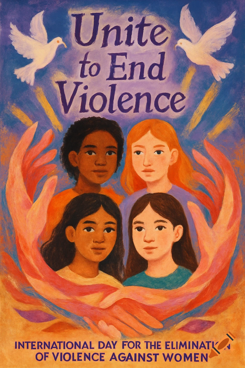 A colorful poster depicts four women of diverse ethnicities encircled by abstract hands, with two white doves flying above. Text reads "Unite to End Violence" and "INTERNATIONAL DAY FOR THE ELIMINATION OF VIOLENCE AGAINST WOMEN".