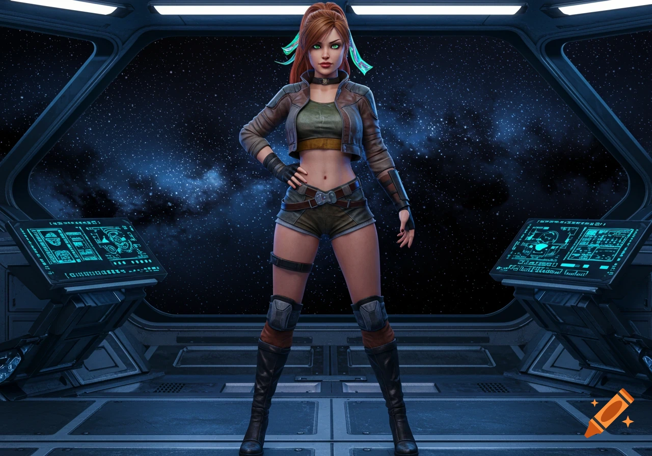 A confident female character in a space smuggler outfit stands in a starship cockpit looking out at space.