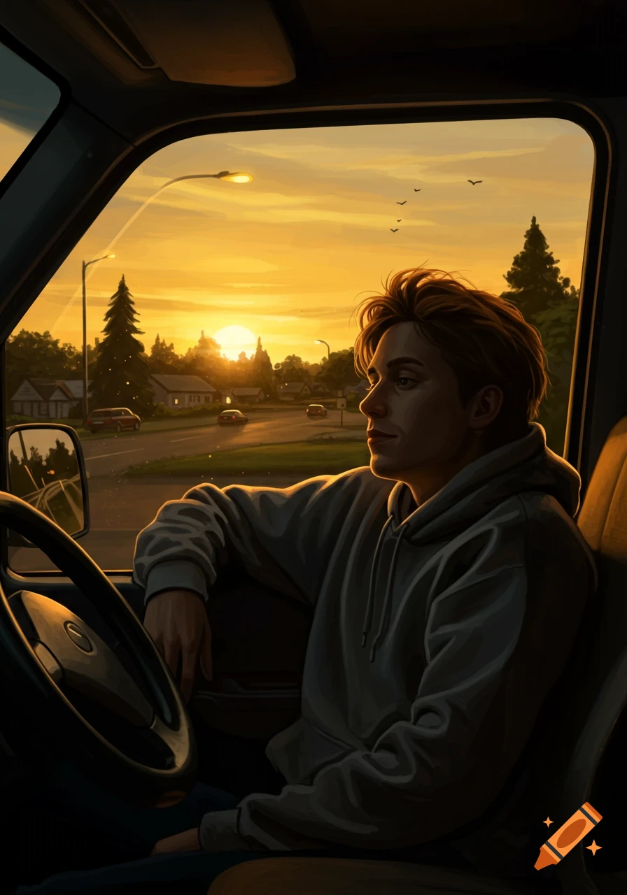 Digital art of a young man in a gray hoodie looking out the window of a vehicle at a sunset street scene.