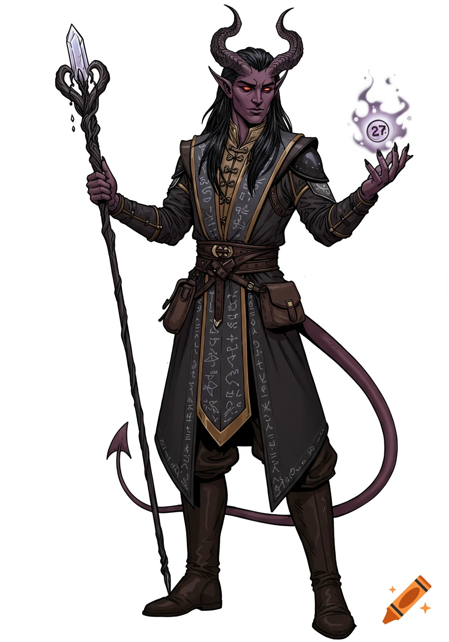 A purple-skinned Tiefling wizard with horns, a tail, and dark robes with runes, holding a staff and a glowing orb with '27'.
