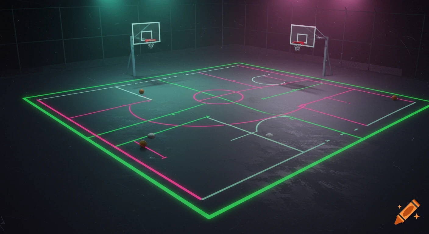 A stylized top-down view of a basketball court with glowing neon pink and green lines, reminiscent of a retro video game.