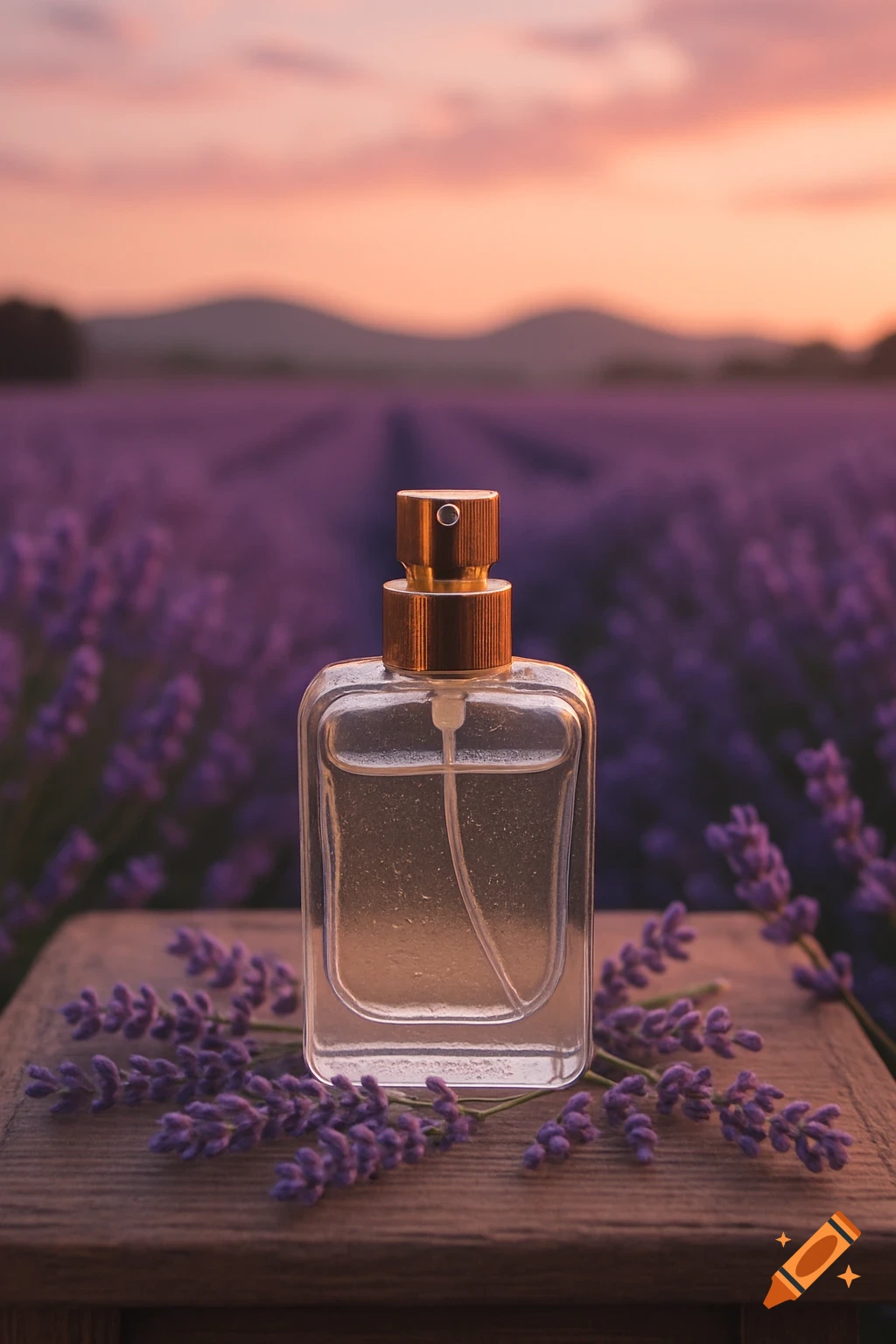 A clear perfume bottle with a golden cap on a wooden surface with lavender flowers, against a lavender field and sunset.