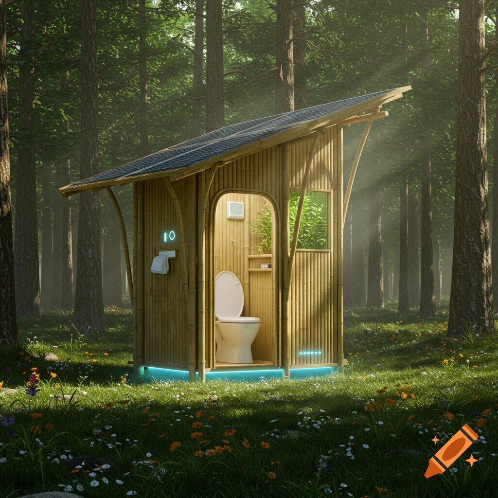 A modern, ecological bamboo toilet structure with a solar roof, illuminated by blue light, stands in a lush, sun-dappled forest.