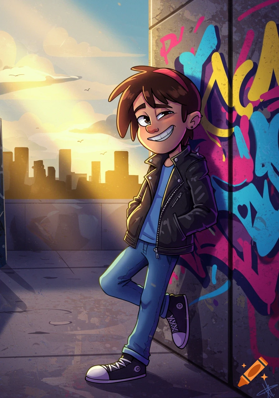 Cartoon boy in a leather jacket and jeans, leaning against a graffiti-covered wall in an urban setting at sunset.