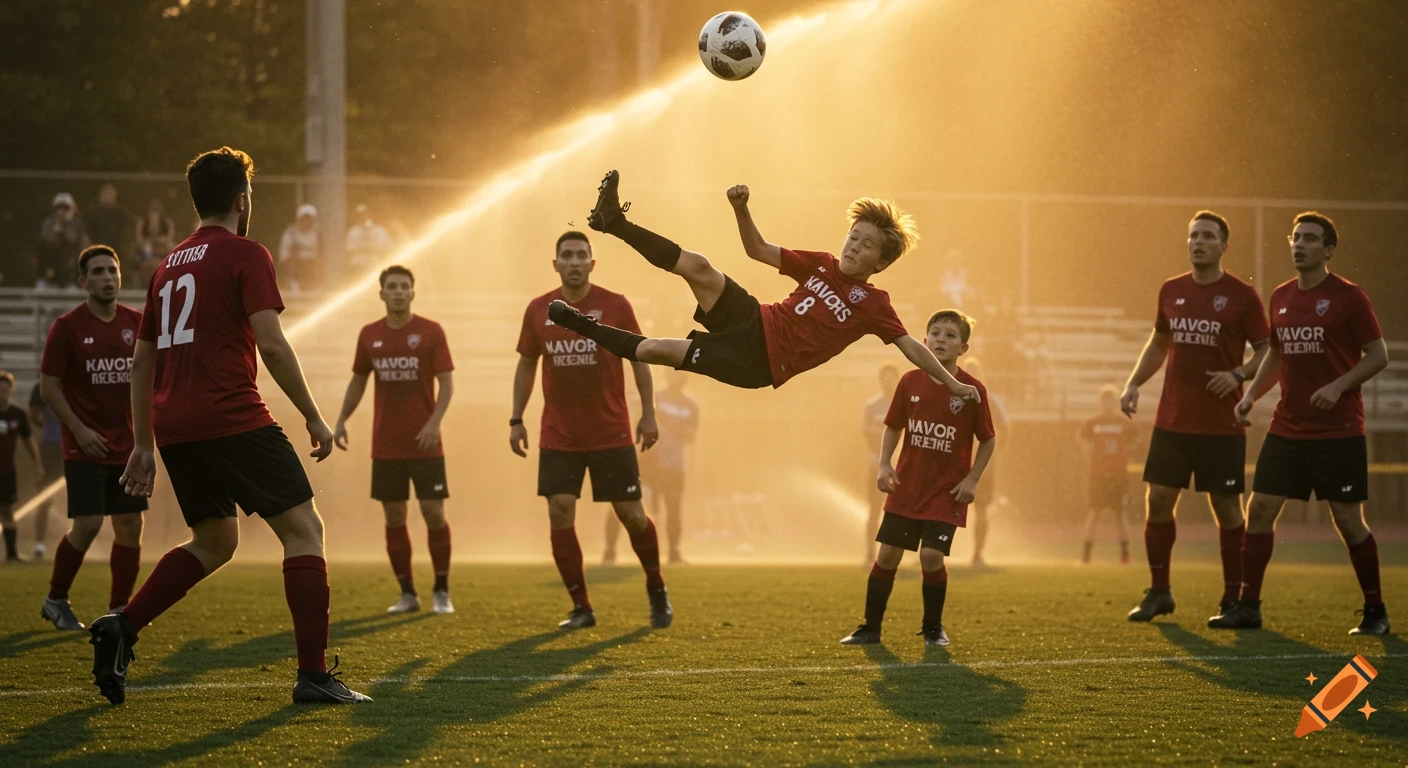 A young boy performs an overhead kick to score a goal during a soccer game, surrounded by adult players on a field bathed in golden hour light.