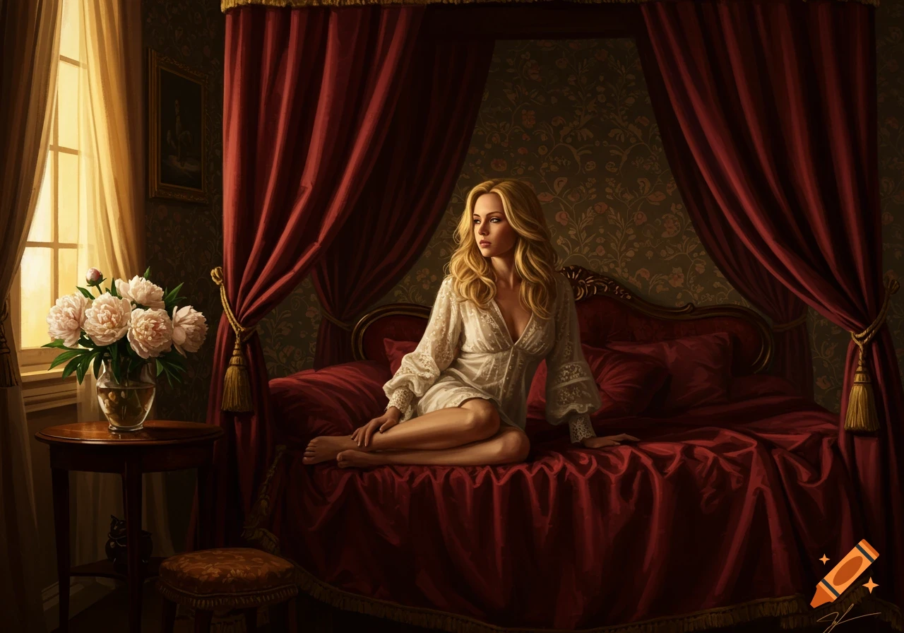 Painterly image of a blonde woman in a white nightgown sitting on a red four-poster bed in an elegant bedroom with peonies.