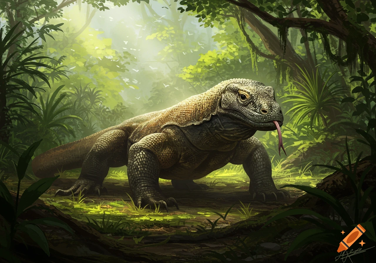 A large Komodo dragon with its tongue out walks through a lush, sunlit jungle.