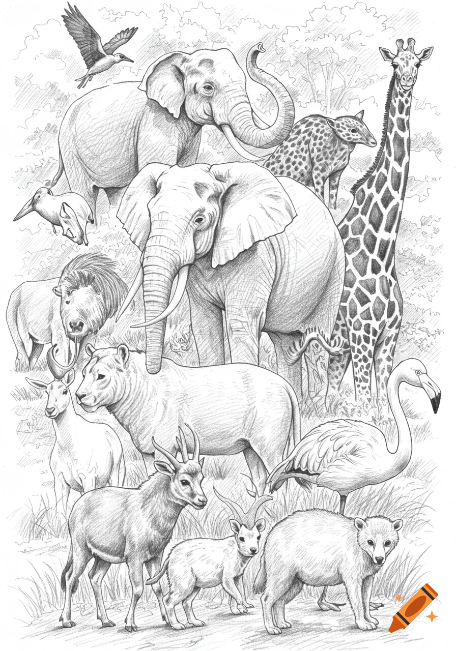 A detailed black and white pencil drawing featuring numerous wild animals including elephants, a giraffe, lion, antelopes, a flamingo, and a bird in a natural setting.