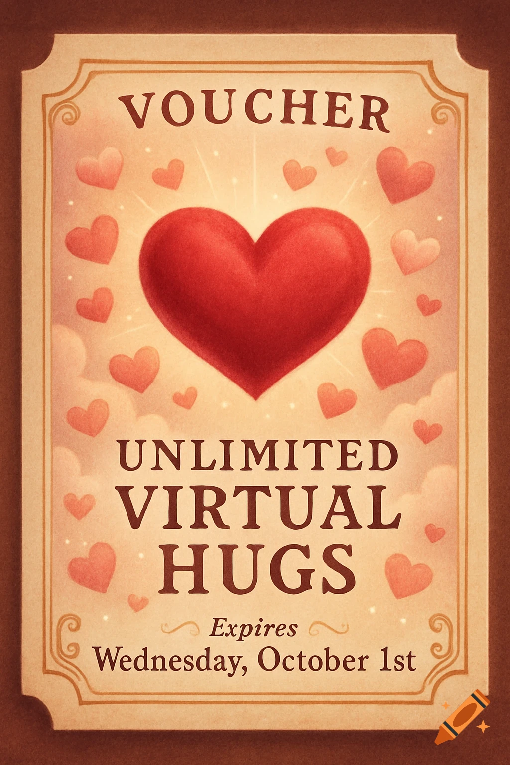 A vintage-style voucher for 'UNLIMITED VIRTUAL HUGS' with a large red heart and smaller pink hearts on a light background. It expires 'Wednesday, October 1st'.