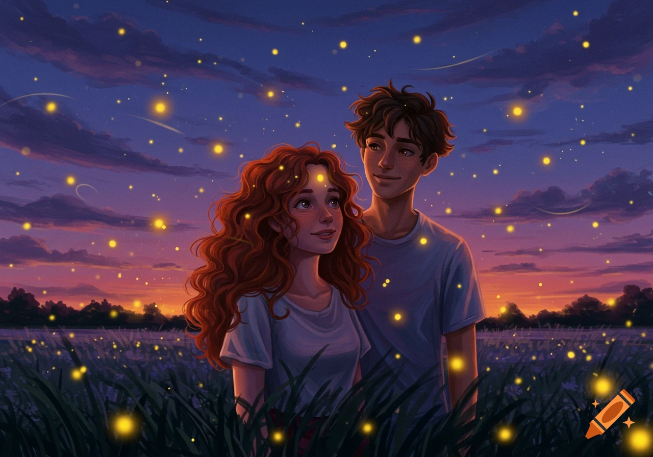 An illustrated young couple stands in a field filled with glowing fireflies under a vibrant sunset sky.