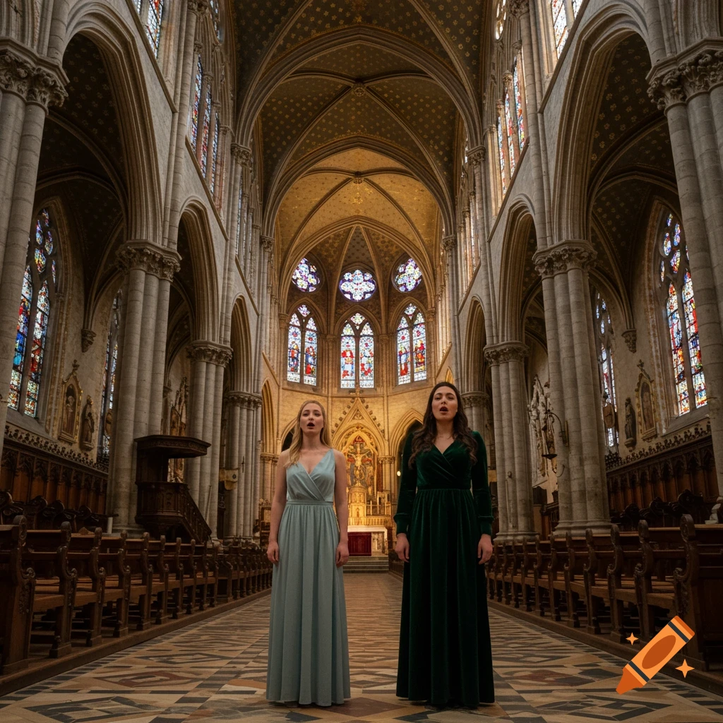 Two women in long dresses sing in a large, ornate cathedral with stained glass windows.