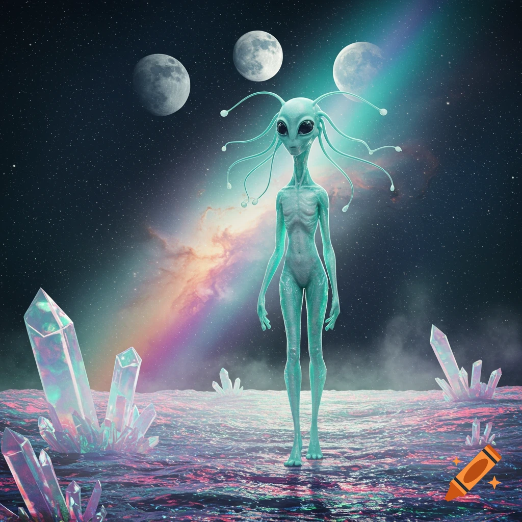 A slender, pale blue-green alien with tendrils stands on a crystalline, rippling surface under three moons and a colorful nebula in space.