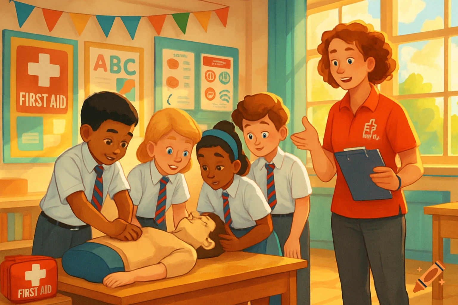Cartoon illustration of a diverse group of children learning first aid from an instructor in a classroom.