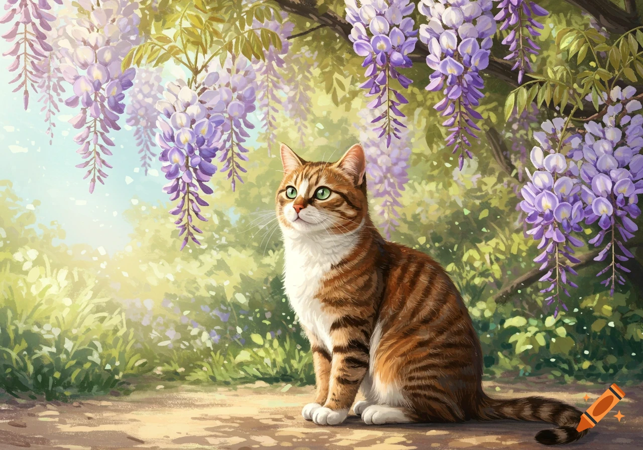 A brown and white tabby cat with green eyes sits on a path under blooming purple wisteria flowers in a painterly garden.