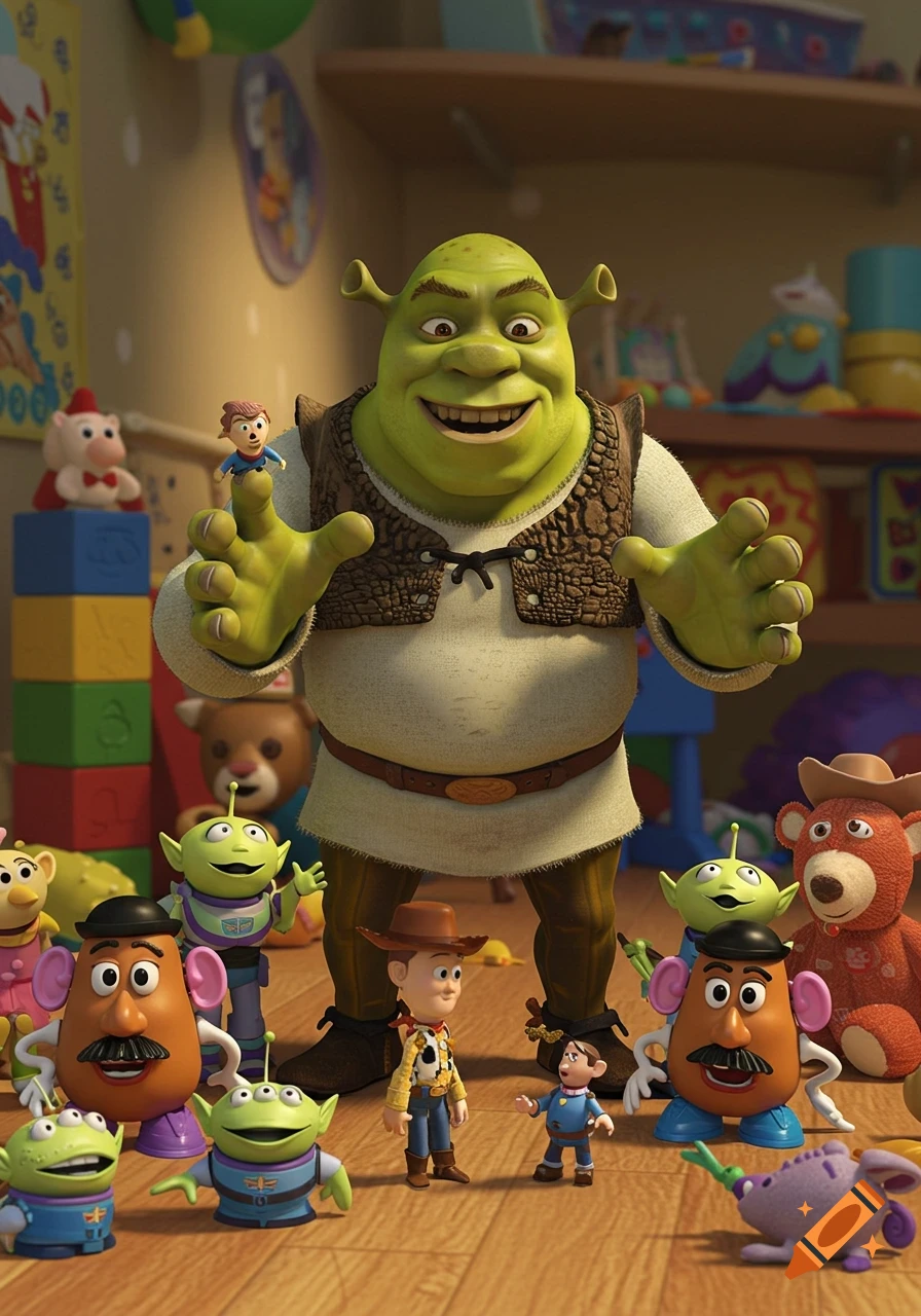 Shrek, holding a tiny human, stands among Woody, aliens, and Mr. Potato Head toys in a child's room, cartoon style.