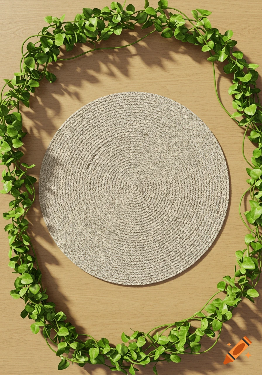 Top-down view of a round, light woven placemat on a light wooden table, framed by green leafy vines.