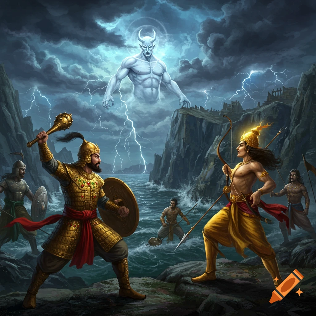 Mythological battle scene with an armored warrior and an archer fighting a giant white demon over a stormy sea. Digital painting.