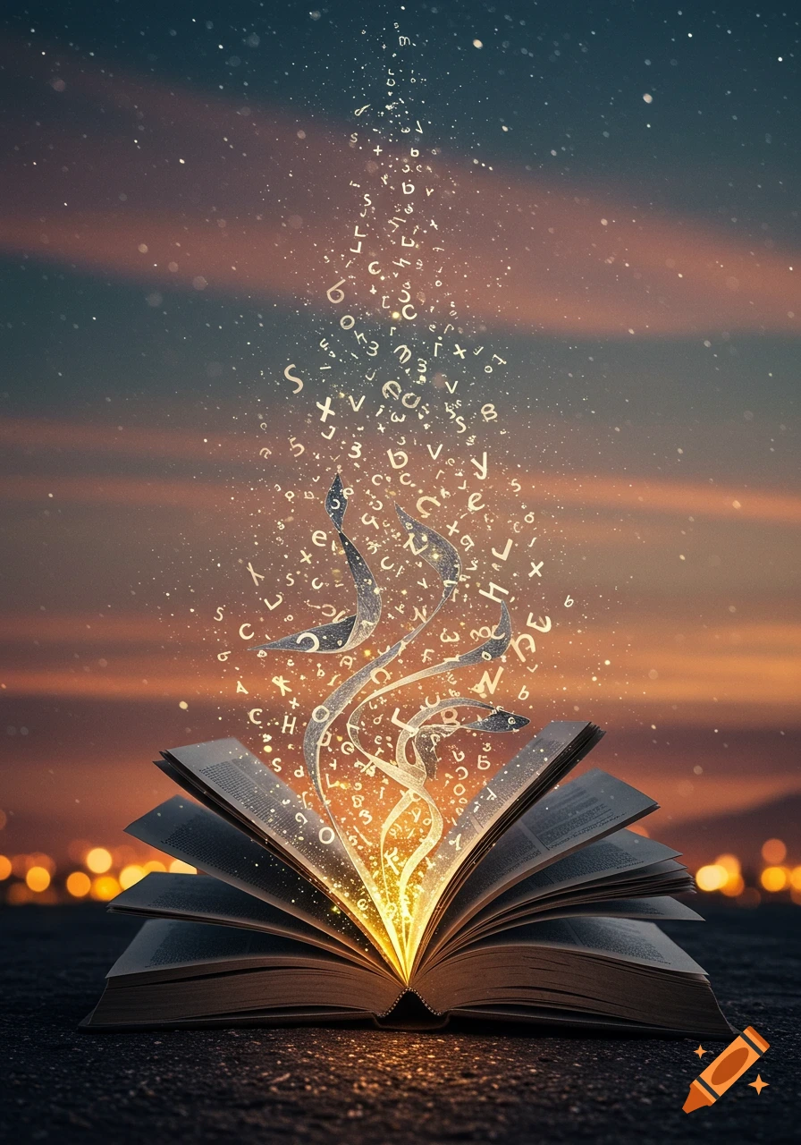 An open book glows brightly on a dark surface, emitting a cascade of glowing letters and light particles into a sunset-colored sky.