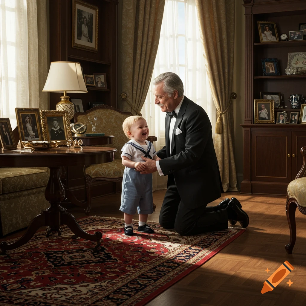A senior man in a tuxedo kneels, holding hands with a laughing toddler boy in a sailor suit in a lavish room.