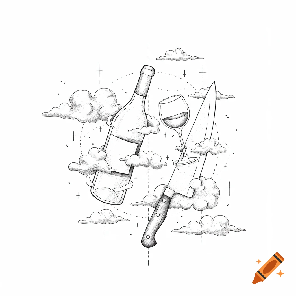 Minimalist black-and-white line art illustration of a wine bottle and a chef's knife floating among clouds.