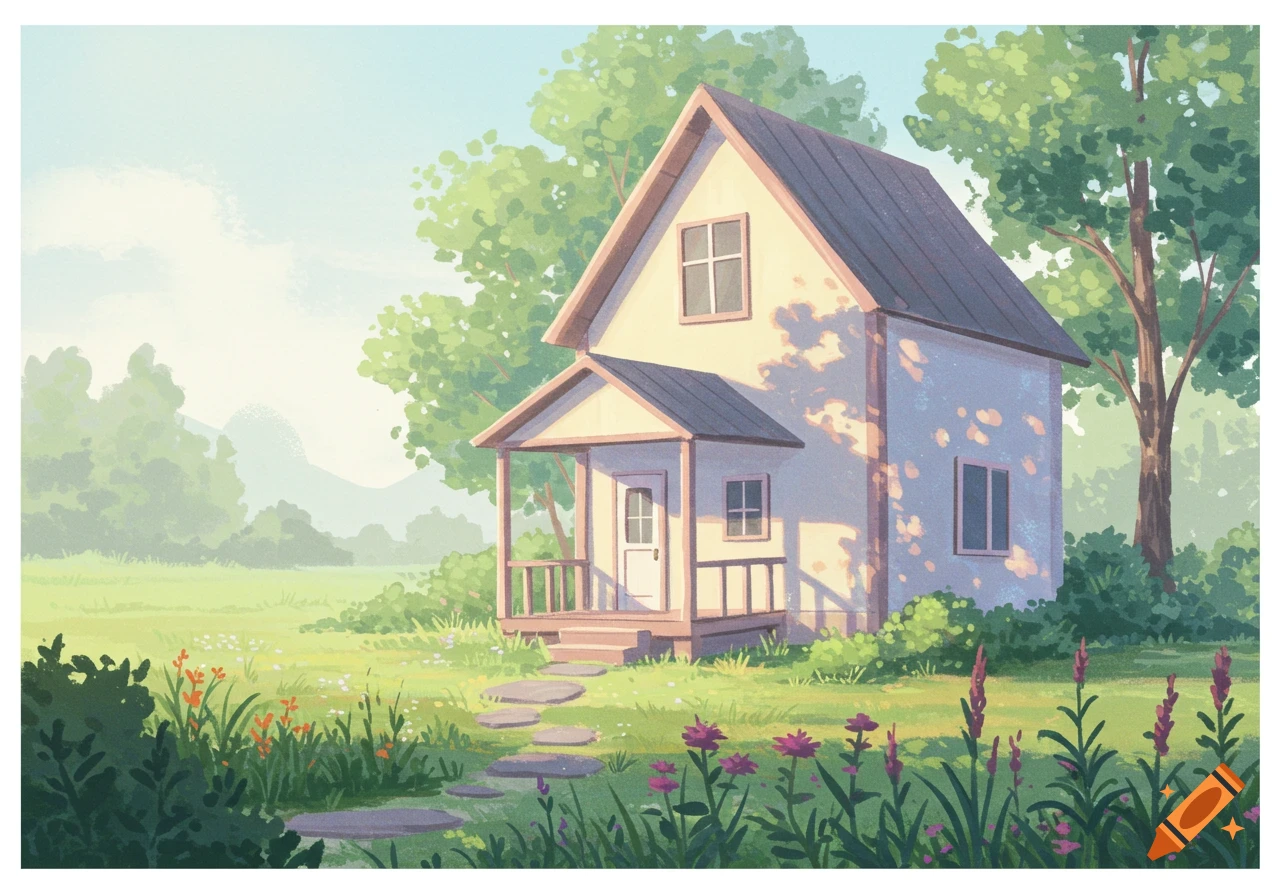 A charming stylized illustration of a small house with a porch in a sunny, green field with trees and flowers.