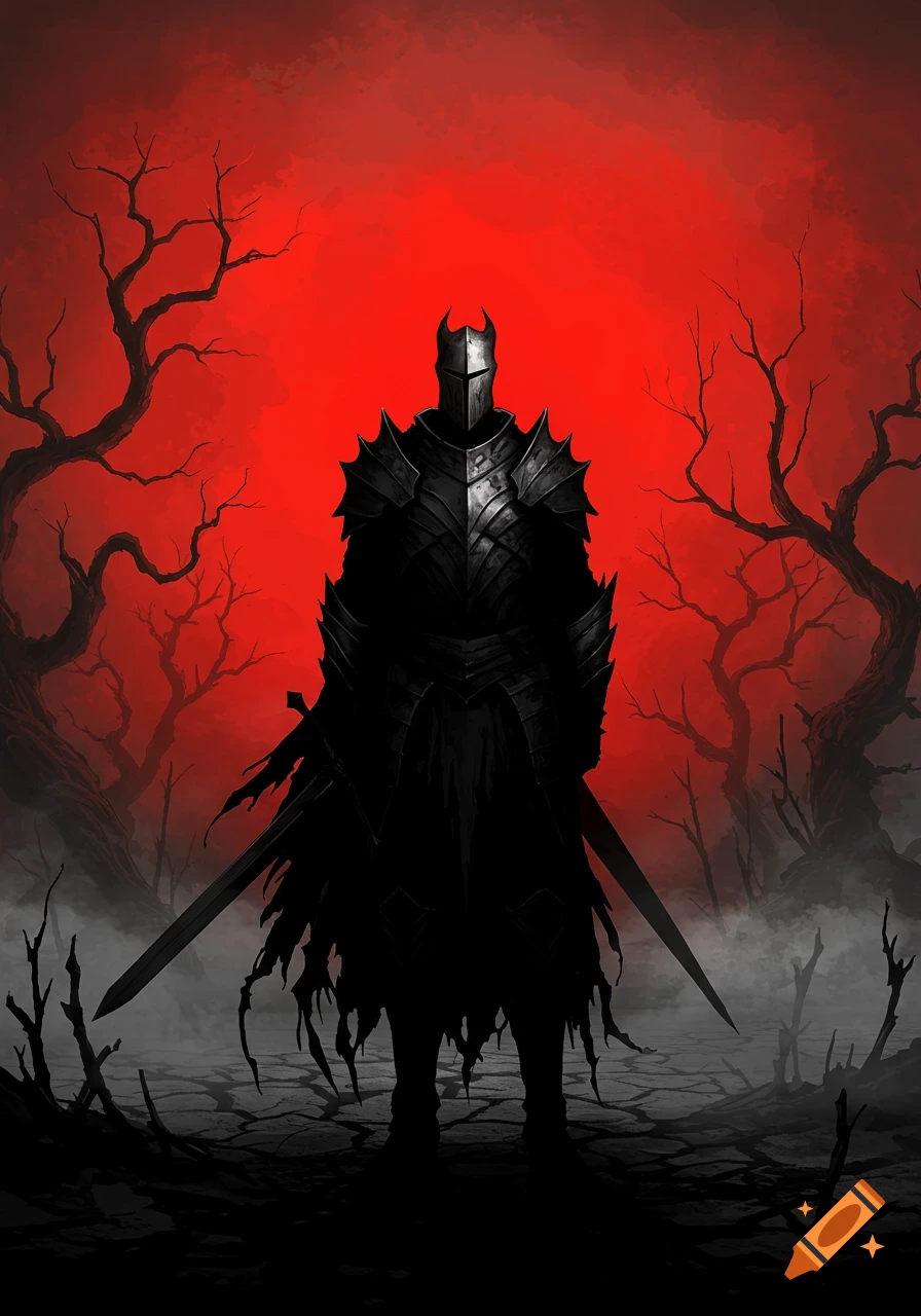 A dark knight in spiked armor with two swords stands in a desolate, gnarled forest under a stark red sky, in a comic art style.