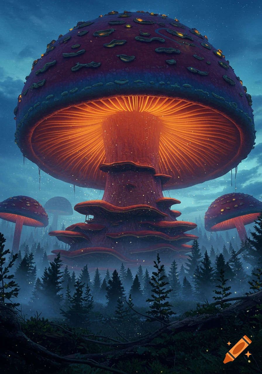 Giant glowing red mushrooms dominate a dark, misty fantasy forest under a starry night sky.