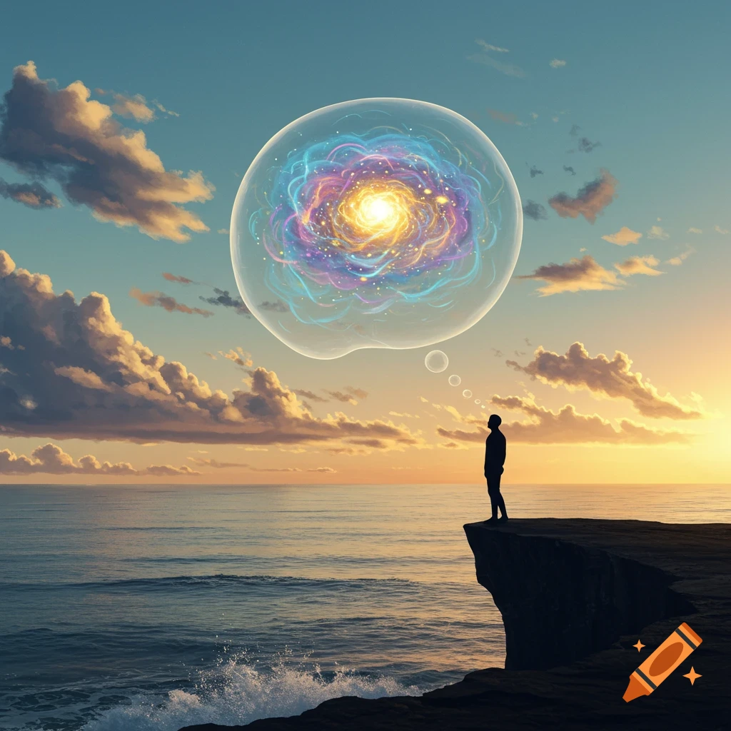 A silhouette of a person on a cliff overlooking the ocean at sunset, with a thought bubble containing a glowing colorful galaxy.