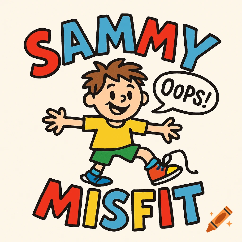 A colorful cartoon logo features a boy with 'SAMMY MISFIT' text and 'OOPS!' in a speech bubble.
