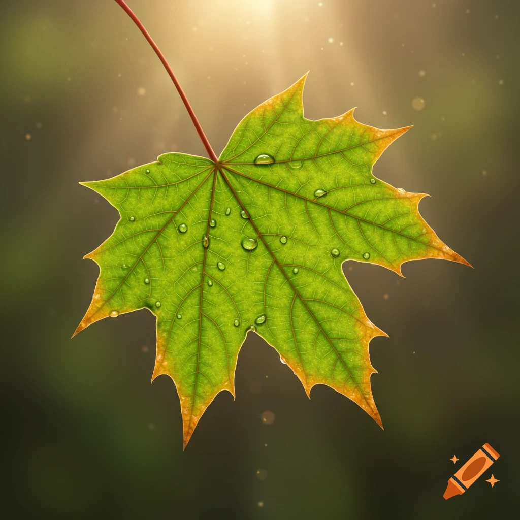 A vibrant green maple leaf with a golden edge, covered in sparkling water droplets, against a soft, sunlit blurred background.