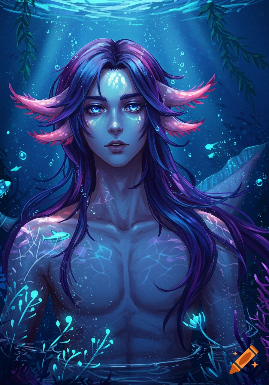 Anime male axolotl character with blue skin, purple hair, and pink gills, shirtless underwater with glowing plants.
