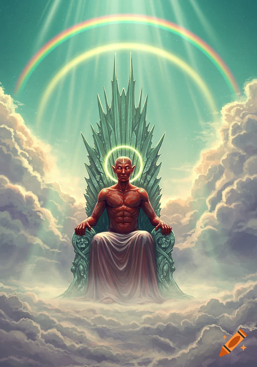 A red-skinned, muscular, elf-eared figure with a glowing halo sits on an ornate spiky throne amidst clouds, with a rainbow in the sky.