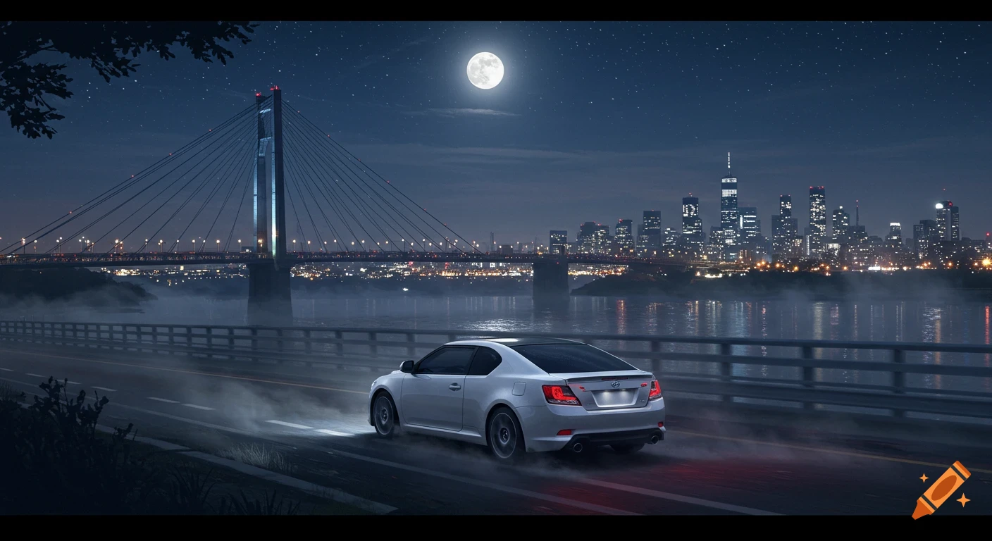 A white Scion tC drives on a bridge at night with a full moon and a city skyline in the distance.