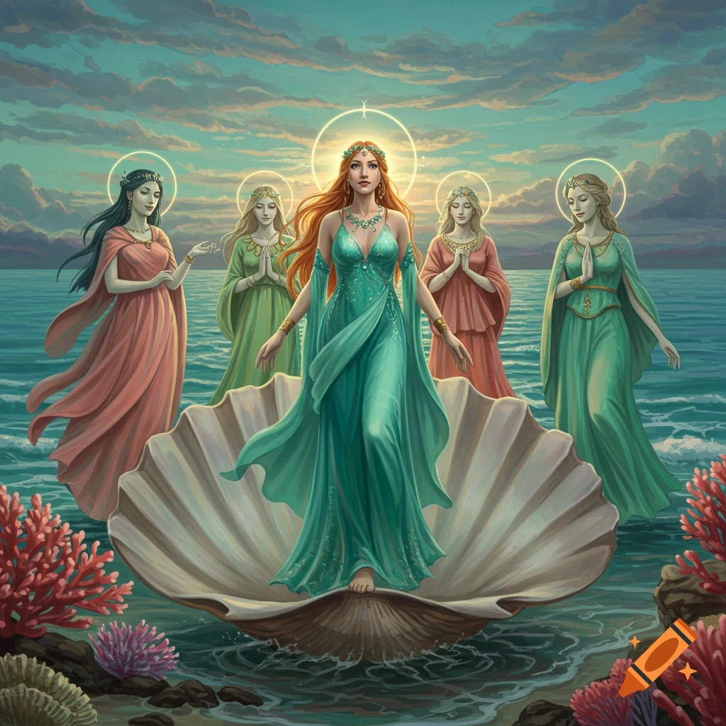 An illustrative fantasy scene of a red-haired woman in a teal gown standing in a seashell on the ocean, surrounded by four other robed women, with coral in the foreground.