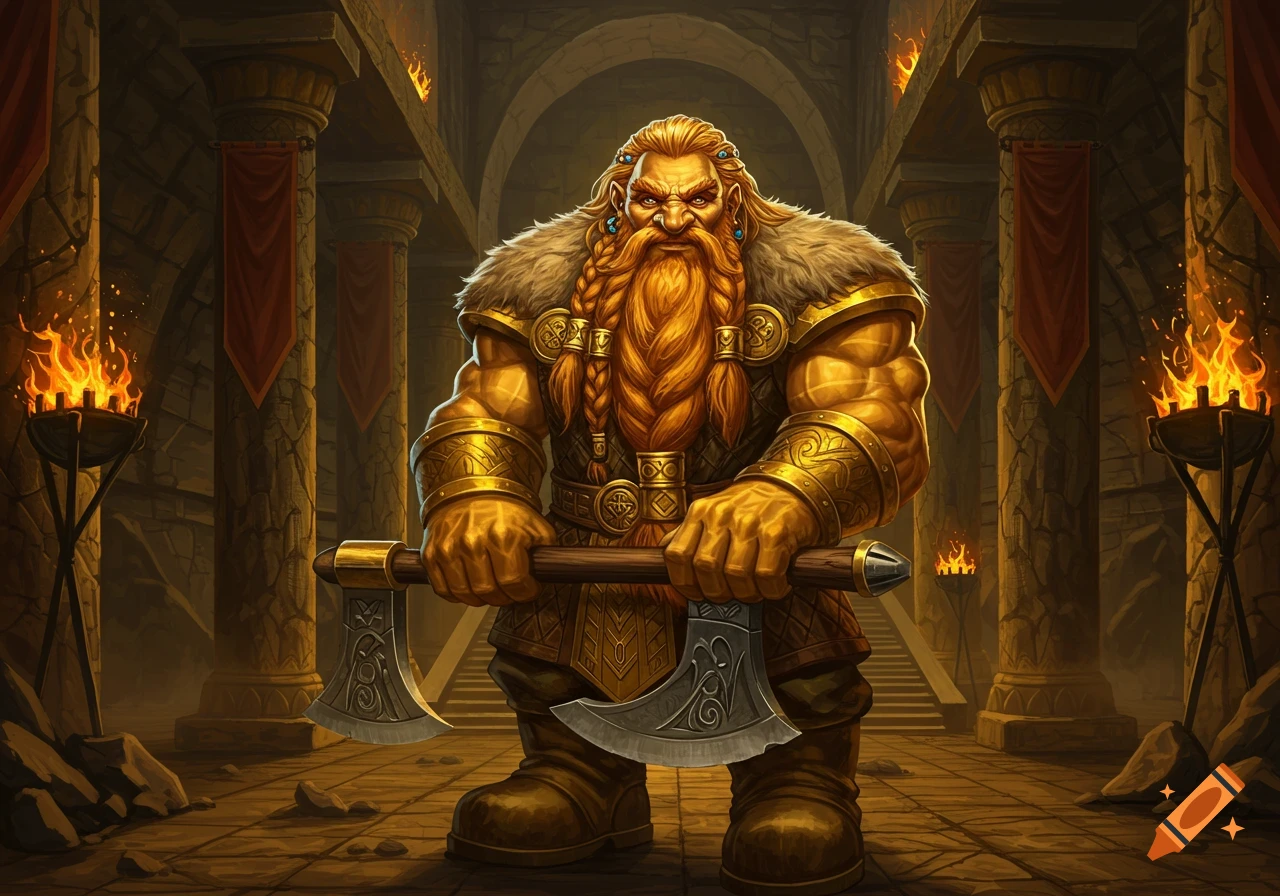 Muscular dwarf with golden skin, braided blond beard, and golden armor holding a double-bladed axe in a torchlit stone hall. Detailed fantasy art.