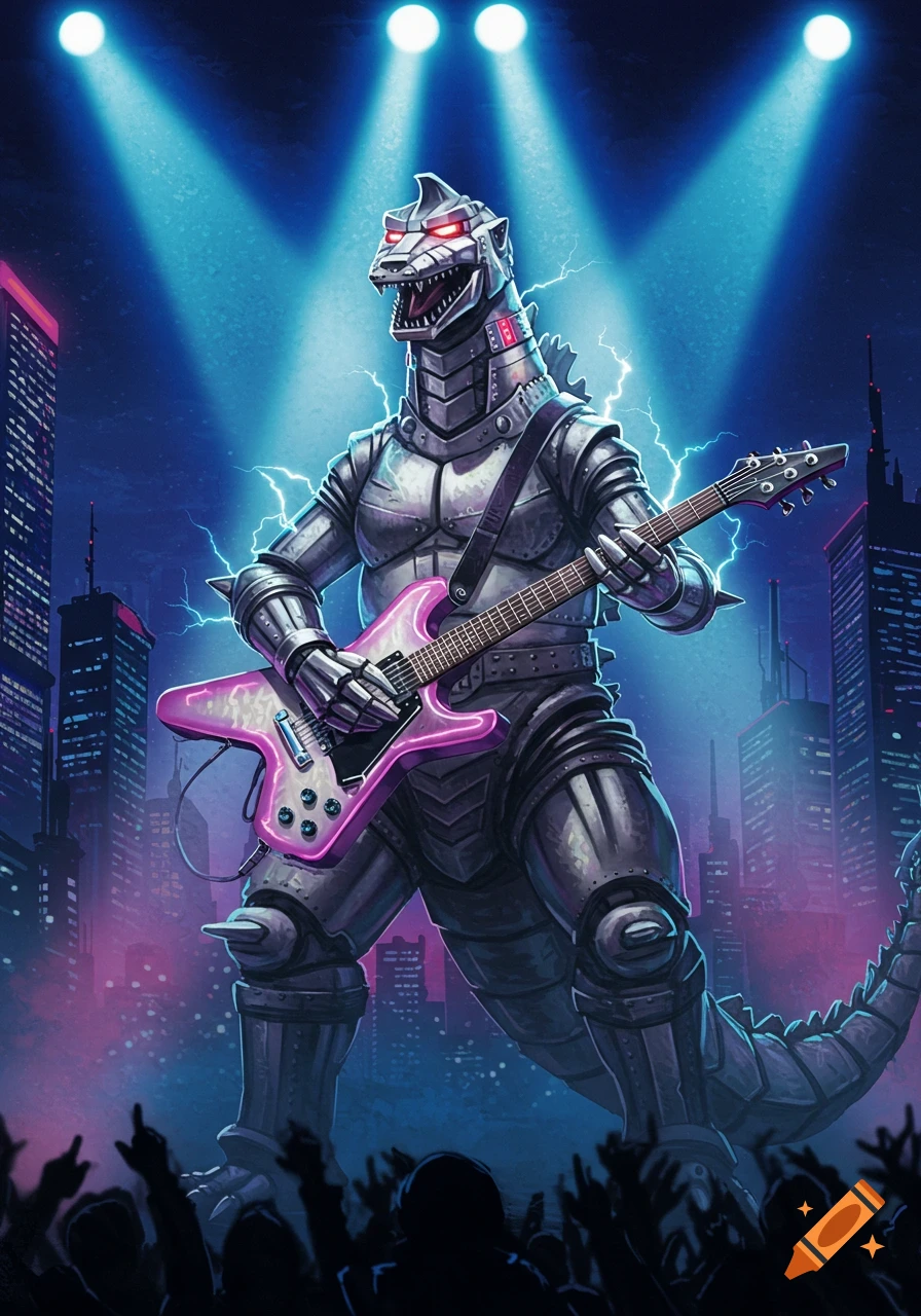 Mechagodzilla plays a pink electric guitar on a stage with a cheering crowd, illuminated by blue spotlights in a city at night. Digital art.