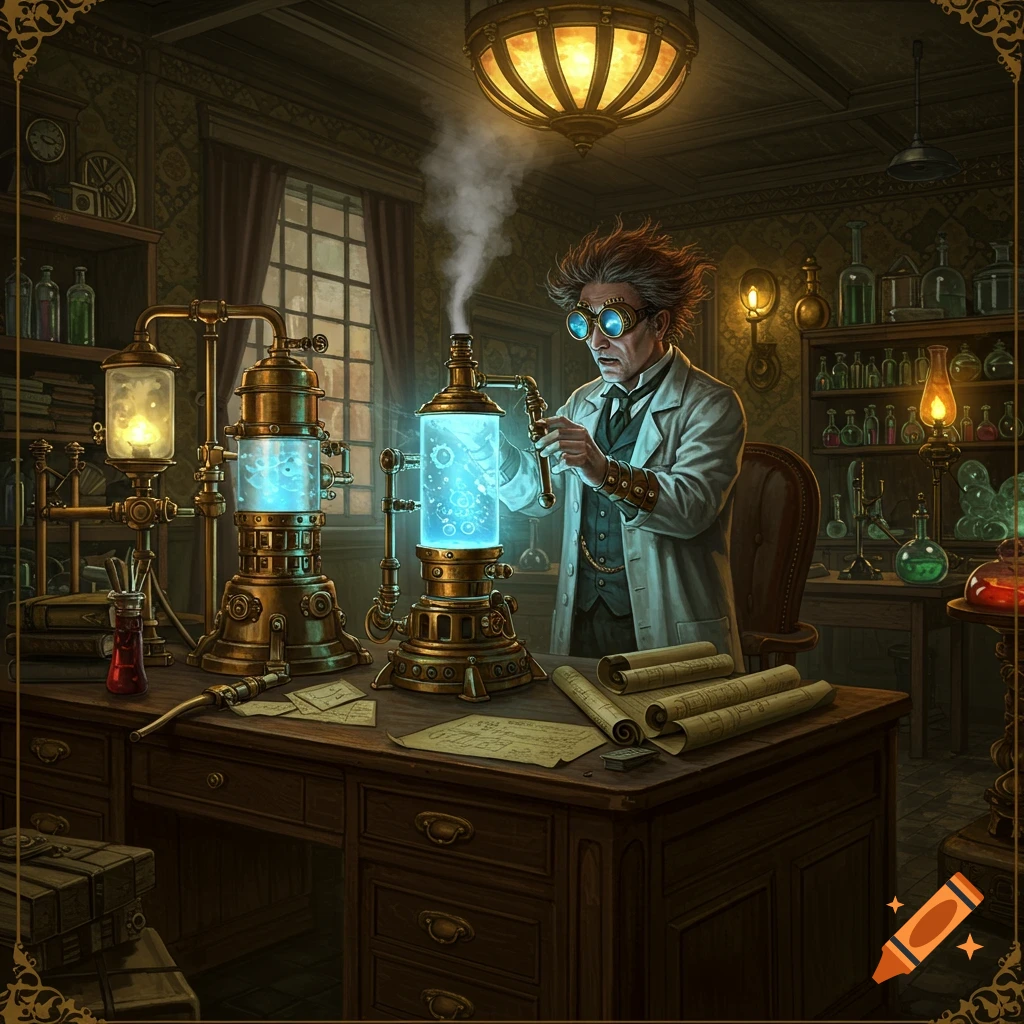 A mad scientist with wild hair and goggles works on glowing steampunk apparatus in an elaborate Victorian laboratory.