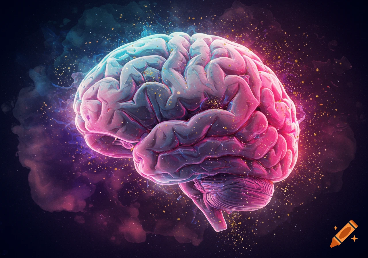 A vibrant, stylized human brain, glowing pink and blue, against a dark, smoky background with sparkling golden particles.