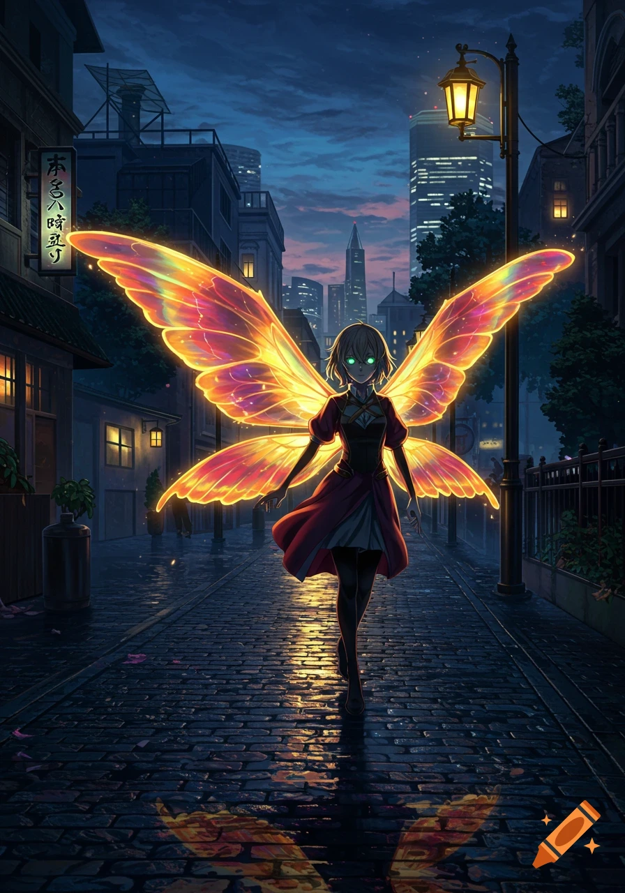 An anime character with large, glowing orange-red wings walks down a wet, cobblestone street at dusk, with city buildings and skyscrapers in the background.