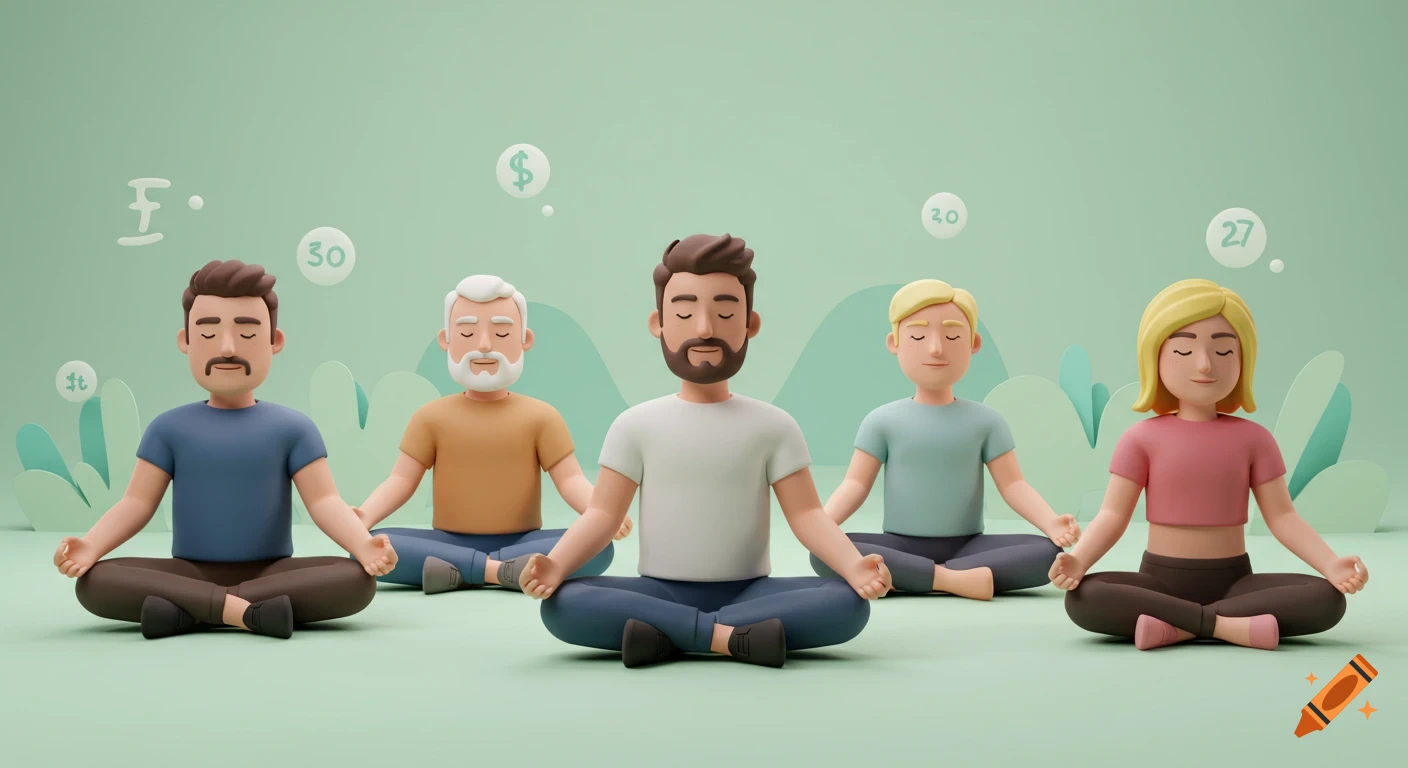 Five diverse 3D cartoon people meditate in lotus positions with thought bubbles above their heads on a serene light green background.