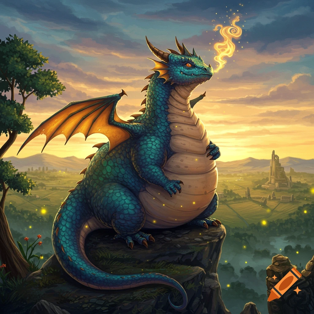 A plump blue-green dragon breathes golden smoke from a cliff, overlooking a fantasy valley with ruins at a vibrant sunset, digital art.