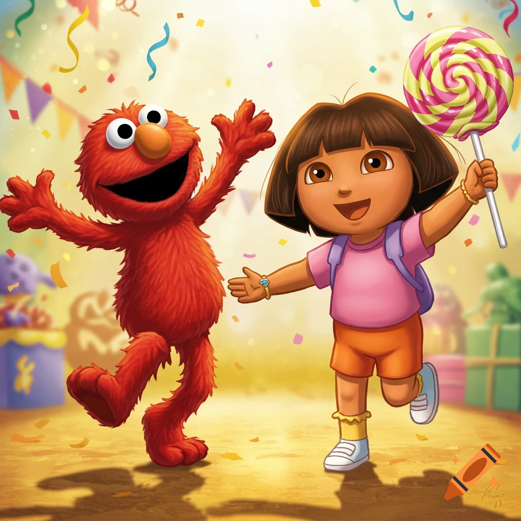 Red Elmo dances joyfully next to Dora the Explorer, who holds a large swirl lollipop, in a colorful party scene with confetti.